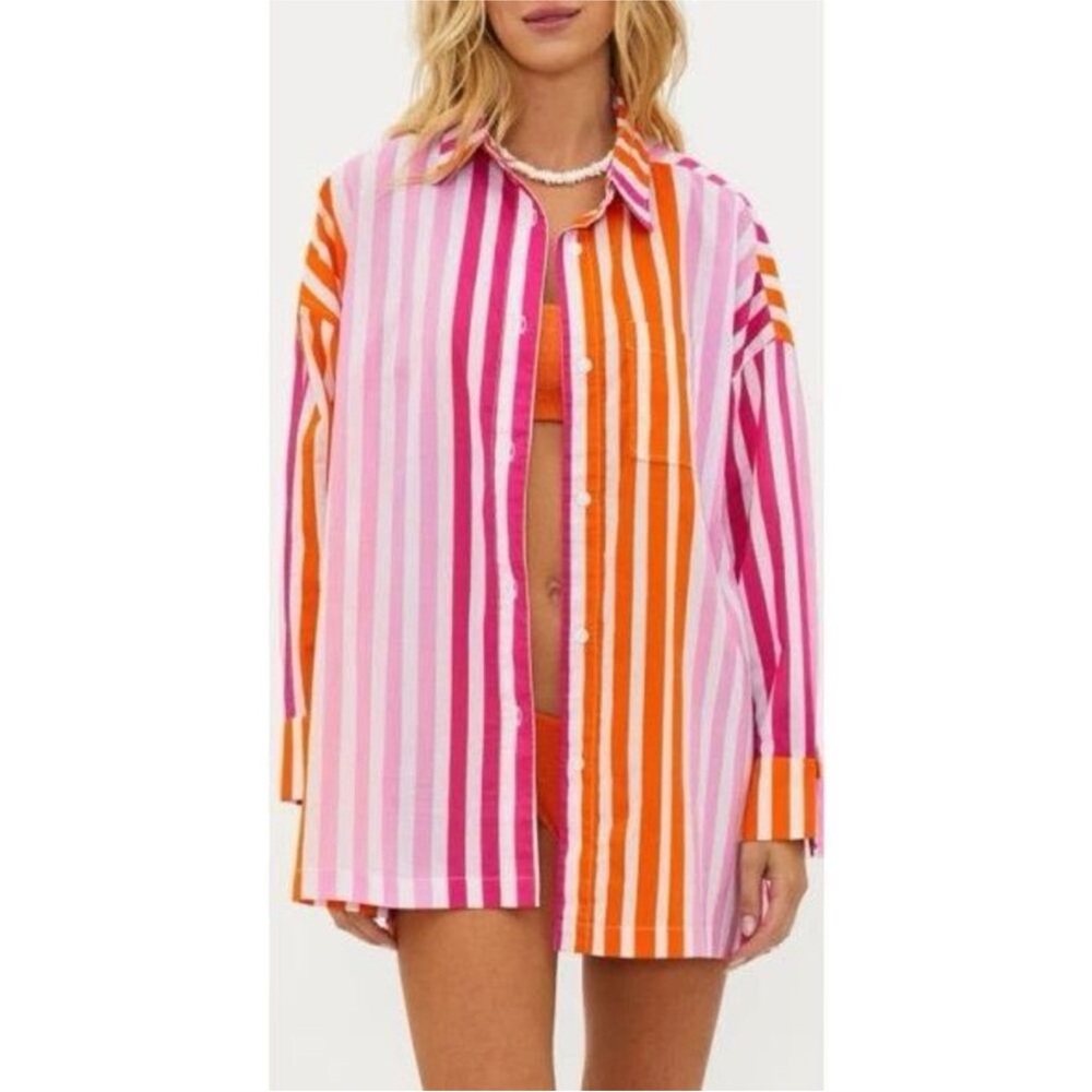 NWT BEACH RIOT Alexa Stripe Long Sleeve Cover-Up Shirt Sunset Stripes Size L/XL